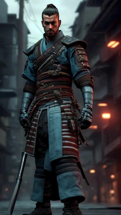 a handsome charismatic modern-day samurai inspired by the Shinsengumi,extremely detailed face and eyes,short sides long top hairstyle with small topknot,light blue haori with reinforced shoulders and tactical belt over black pants and boots,holding a katan...