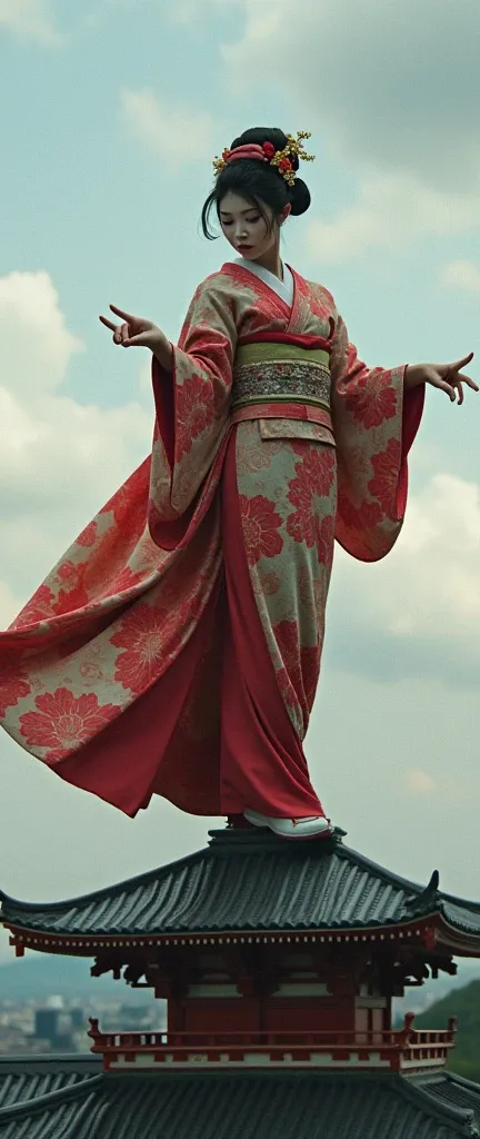 perched on top the rooftop of a pagoda, the female geisha poised with rap gestures blending traditional elegance with contemporary cool