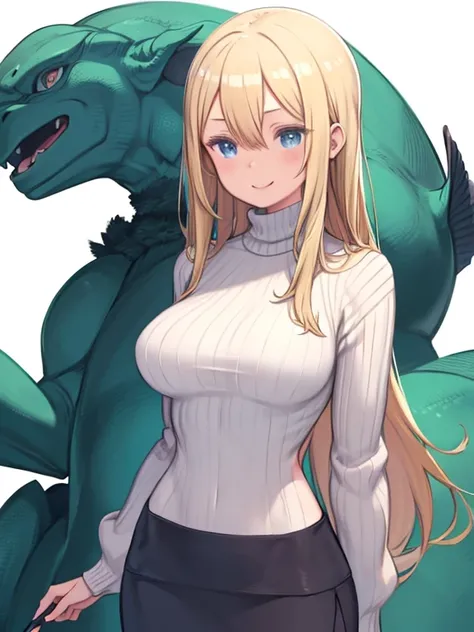 One Girl、from front、cowboy shot、standing、looking away、Blonde Hair、long hair、Hair between the eyes、Blue Eyes、Big Breasts、Turtleneck sweater、Green clothes、Pencil Skirt、Simple white background、smile、