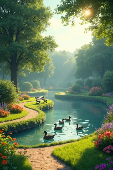 A serene, lush park with vibrant green grass, tall trees, blooming flowers in various colors, a tranquil pond with ducks, winding pathways, benches, and gentle sunlight filtering through leaves.