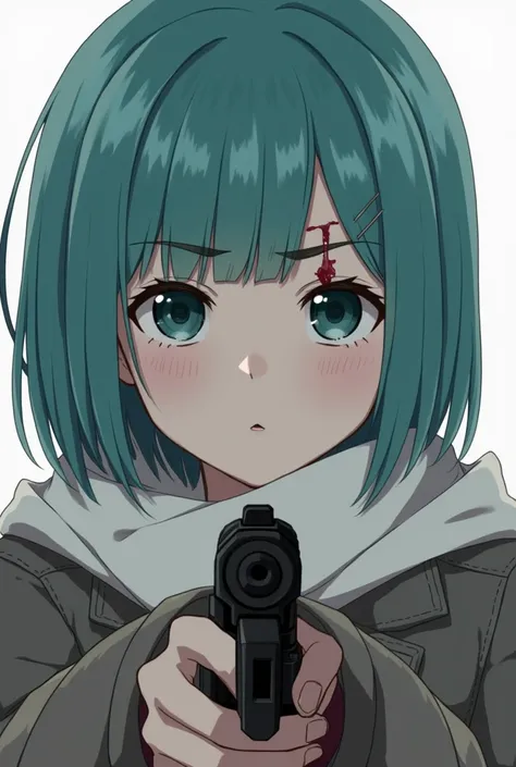 Otherwise, 1 girl, Otherwise, Alone, smile, scarf, pistol, weapon, hair ornament, Hair clip, looking at the viewer, short hair, rifle, white scarf, hair between the eyes, aquamarine hair, aquamarine eyes, jacket, Upper part of the body, Closed mouth, hits,...