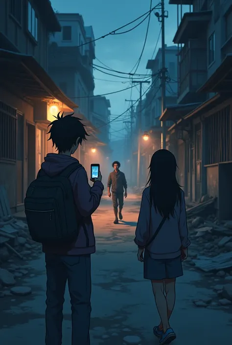 HD anime of Poverty porn on a lonely street like a social media vlogger helping poor but taking video first