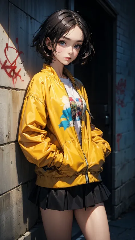 A woman with her hands in her pockets, Asymmetrical short hair, Street Fashion, mini skirt, Graffitied concrete wall, Anime Style, Digital Painting, (masterpiece, High resolution, Highest quality)