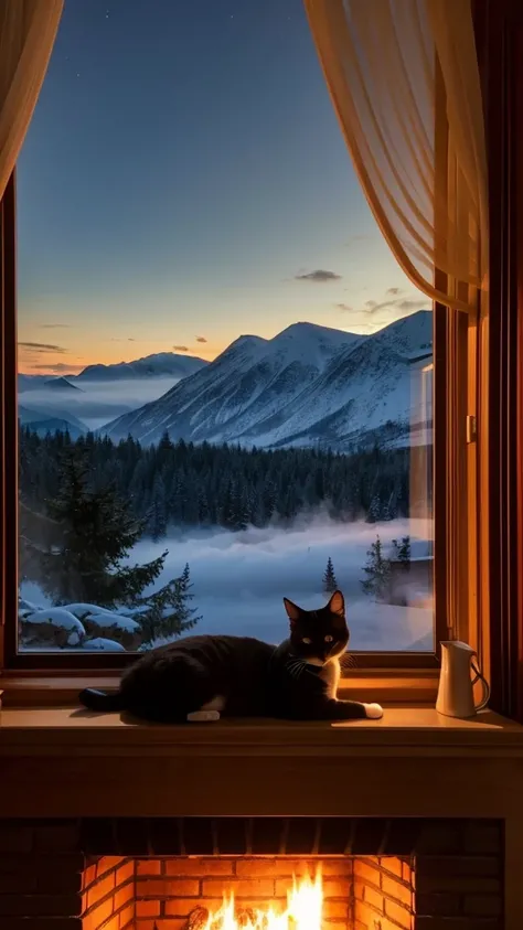 Fireplace at the end of the night, Sleeping cat, steaming tea, Beautiful landscape window