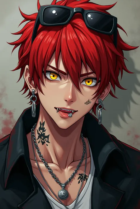 ((((dramatic))), (((gritty))), (((intense))).  color palette is very intense. generate an image of a painterly anime art style, acrylic painting, one young man, older-looking, painting art style, stylized, smoke, vibrant red hair, piercing yellow eyes, ear...