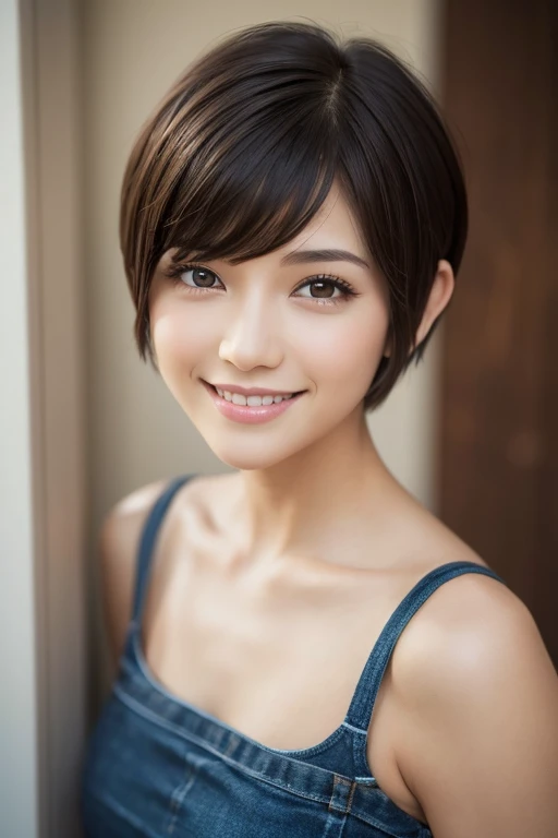 One girl, Gaze, smile, Pixie Cut　Shortcuts, Short hair tip　Long face