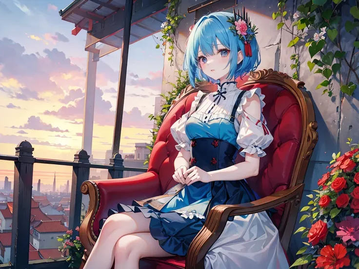 Wearing a dress、A young lady with short blue hair sitting on a red throne。