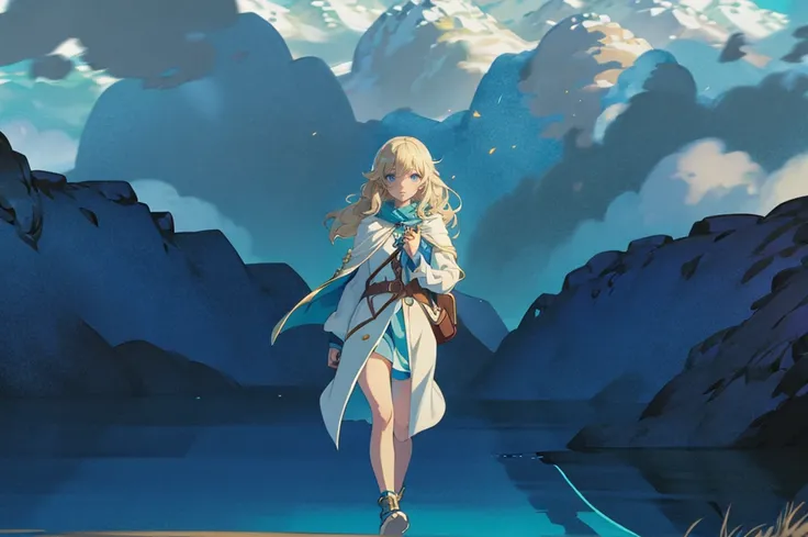 filo, (WithoutFear:1), 1 girl, blonde hair, blue eyes, white coat, light blue jeans, smile, nimble, light blue trident, blue cape, light blue mask, beach, wings, anime, standing, good quality, portrait, looking at viewer