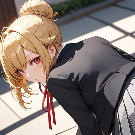 angelica, One girl,  Blonde, Medium Hair, Hair bun on the upper back of the head, Red Eye, school uniform, Grey pleated skirt, Red ribbon, Black jacket, Seductive smile、face focus, pantyhose, School courtyard break masterpiece、hasselblad, 16K, highres, sup...