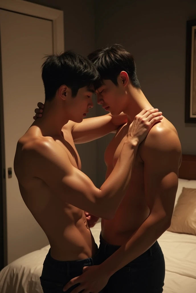 two handsome and muscular young Korean men in early twenties doing porn in the bedroom