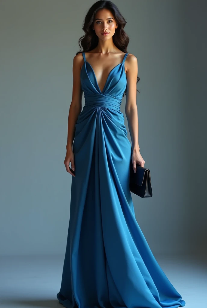 /imagine 
A beautiful young woman is wearing a stunning plain blue dress made of satin silk fabric. 
The satin silk fabric gives the dress a luxurious sheen, catching the light with every movement. The blue color of the dress complements her skin tone, mak...