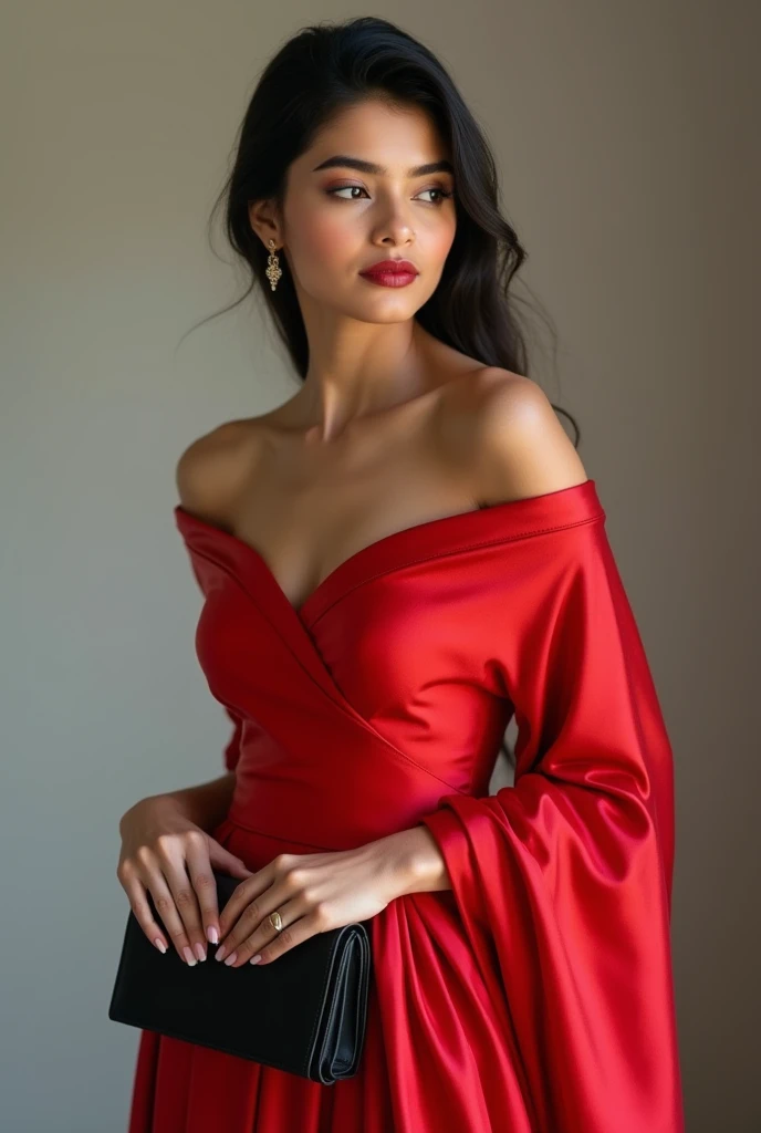 /imagine 
A beautiful young woman is wearing a stunning plain red dress made of satin silk fabric. 
The satin silk fabric gives the dress a luxurious sheen, catching the light with every movement. The red color of the dress complements her skin tone, makin...