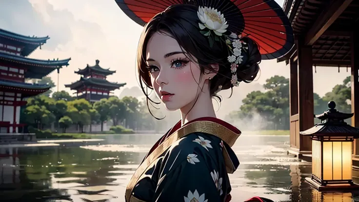 anime girl, lotus, folding fan, temple, rain, 1girl, beautiful detailed eyes, beautiful detailed lips, extremely detailed face, long eyelashes, elegant kimono, holding folding fan, standing in temple garden, light rain, steam rising, intricate temple archi...