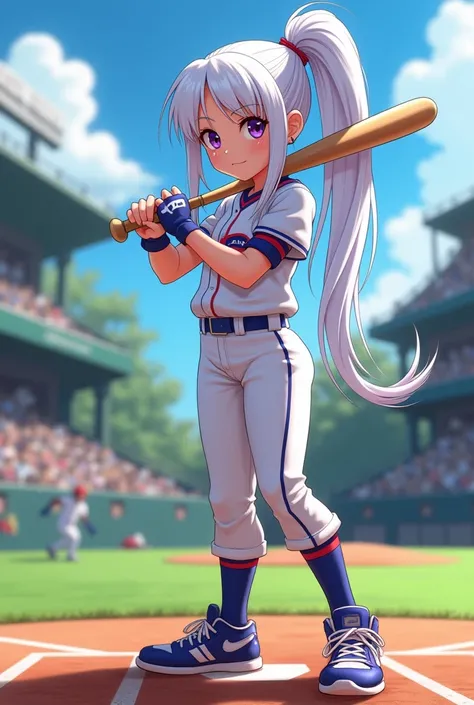 white hair 、baseball 、batter、Girl、Single ponytail 、Purple Eyes