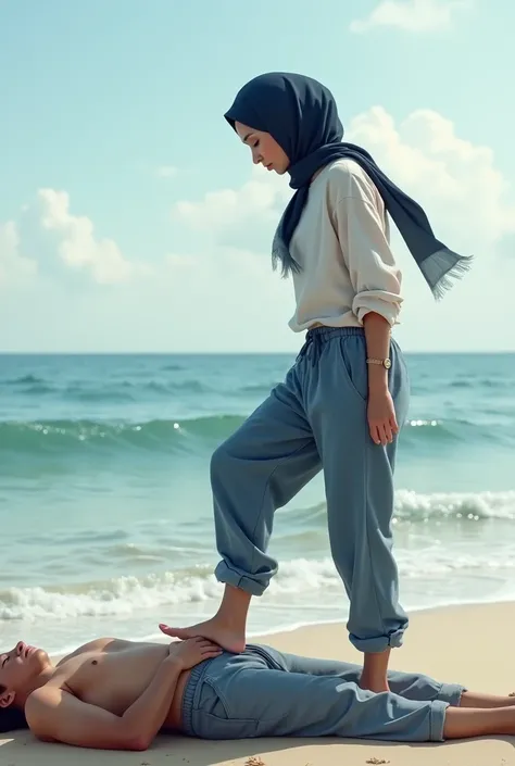 Navy blue headscarf on the beach, white shirt, blue baggy jeans, barefoot skinny woman. Man lying in front of woman. Woman puts her foot on man&#39;s sweatpants. 