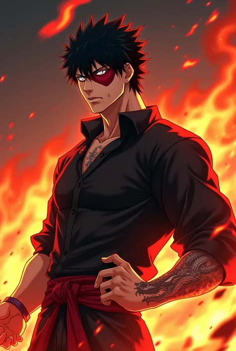 My Hero Academia / Moreno Grizzly / Male OC / Serious / Fire / Flames / Burn / Black Hair / Japanese School Uniform / Neck Tattoo / White Eyes / Hot / Crimson Flames / Handsome / Dad / Black Shirt / Fighter stripes on hands / Red eye patch / Fitness / Drag...