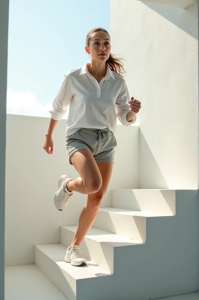 Picture of a woman doing three minutes step on stairs with white shirt and gray short