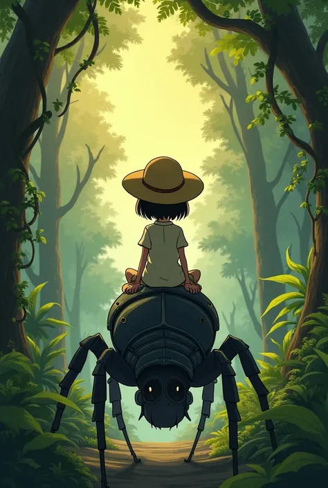 Back view of a girl in a straw hat riding an ancient insect　In a forest of ancient plants　Magic Hour in the Evening　The wind is blowing　Ghibli animation style