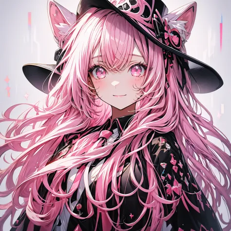 girl、Pink and white long hair、Twin tails、Big pink eyes、Black blazer、Red tie、、black and white plaid skirt、hat、Long Hair、Long Hair、Sparkling eyes、Fair skin、smile、(((masterpiece))), (best quality), (ultra detail), (very_high_resolution), (large_filesize), (fu...