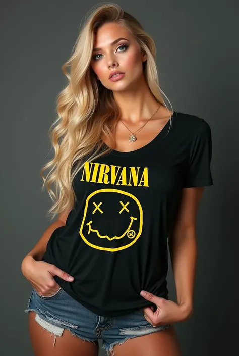 Create a full body photo of a blonde woman wearing sexy pajamas and she looks busty but instead of pajamas a Nirvana t-shirt that fits her like a glove