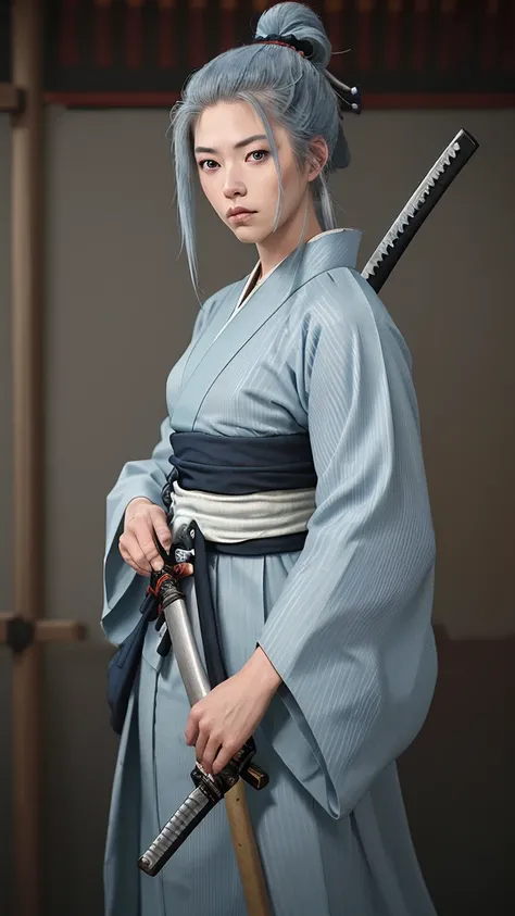 a determined samurai of the shinsengumi, chonmage topknot hairstyle, light blue haori over dark kimono, white mountain stripe design, katana and wakizashi swords, traditional japanese architecture background, edo era setting, preparing for battle, realisti...