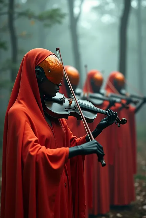 Cyborg wemen orchestra sitting  playing violencelle and all of them wearing red cape covering their heads ,vivid cinematic4k colors in a foggy forrest, the wemen should look like faminine  with orange metallic headmake it as cover music album with the na M...