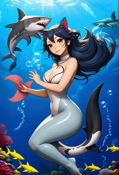 An 1 neko girl, her youthful features and feline traits enhanced by a pair of playful cat ears and a tail that swishes erratically, caught in a passionate embrace with a 2 shark futa. The neko girls body is a delightful blend of human and feline, with her ...