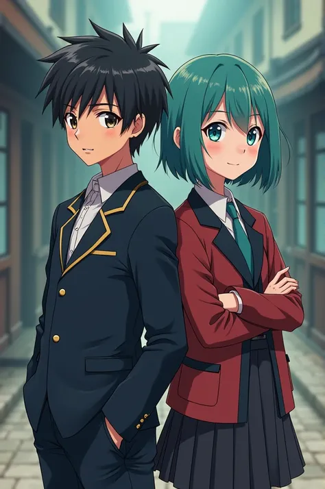 Demon slayer anime artstyle, A  girl. Standing next to Muichiro Tokito, short wolfcut hair, smiling softly, has the same hair color as Aoi kanzaki, and wearing Aoi Kanzakis outfit, little bit tan skin color.