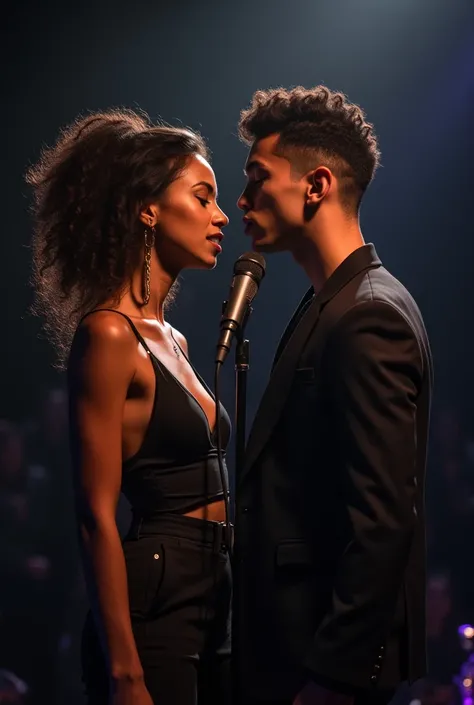 A beautiful 23 year old girl with tanned black skin and a handsome 2 boy with dark skin (tea/degraded).
Who sings a duet on stage a pop song. Front microphone 