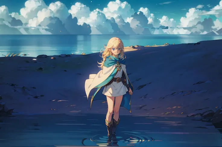 filo, (WithoutFear:1), 1 girl, blonde hair, blue eyes, white coat, light blue jeans, smile, nimble, light blue trident, blue cape, light blue mask, beach, wings, anime, standing, good quality, portrait, looking at viewer