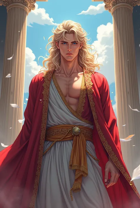 ((Best Quality)), ((masterpiece)), ((detailed)), ((High Definition)), The god Zeus in anime style. Es guapo y atractivo, distante y joven.  Con vestimenta colorida. 