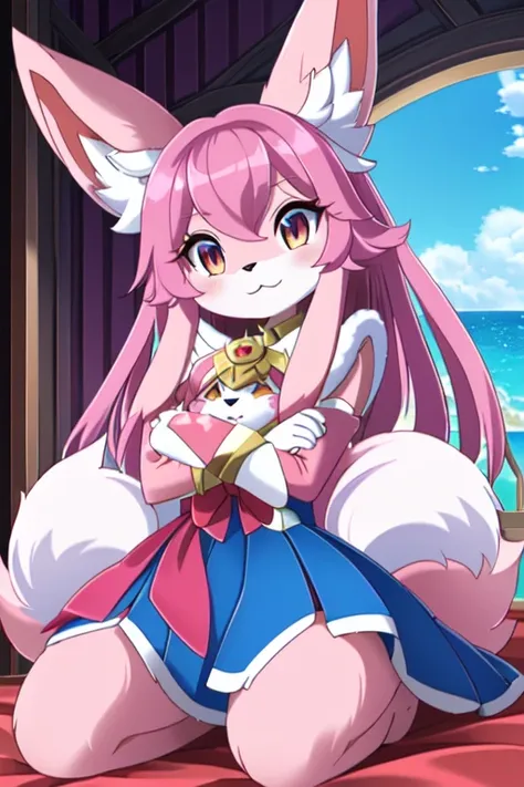 there is a woman dressed as a bunny and a dog, seraphine ahri kda, annie from league of legends, ahri from league of legends, cu...