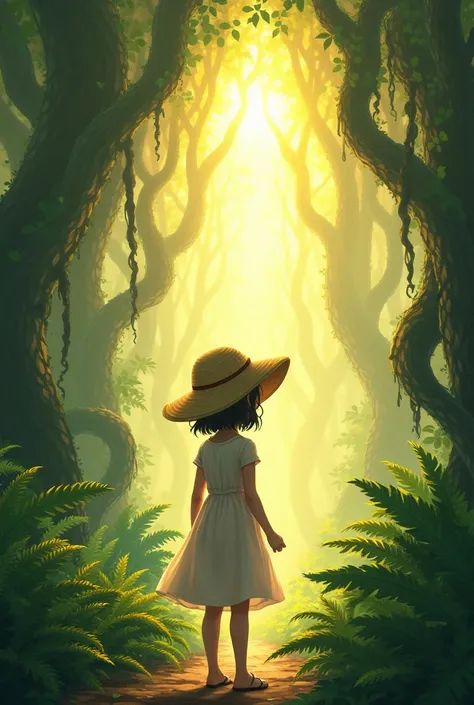 Back view of a girl in a straw hat　In a forest of ancient plants　Magic Hour in the Evening　The wind is blowing　Ghibli animation style