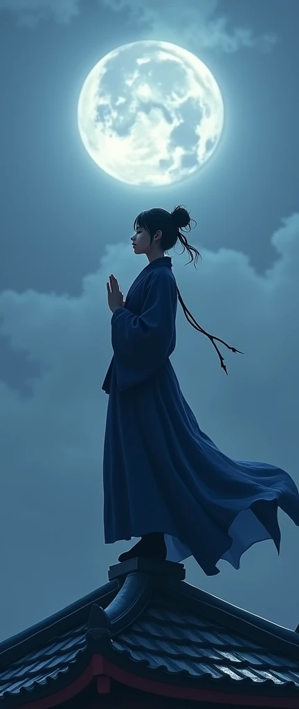 perched on top the rooftop of a pagoda, the female ninja finds a moment of calm amidst the chaos. with the moonlight casting a soft glow over the antient structure, she balances effortlessly on one leg, her other leg bent and foot resting lightly against h...