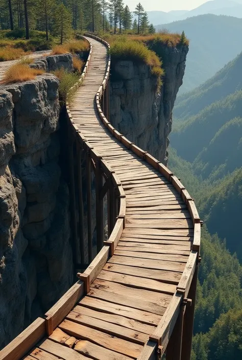 ramp made of wood that juts out ten feet from the cliff wall, then curves upward like the inside of a bowl, the highest point level with the cliff top ten feet above.