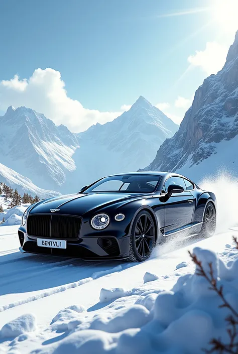 black and white Bentley car with Bentvli registration in montain and snow and running white wolf style anime car 