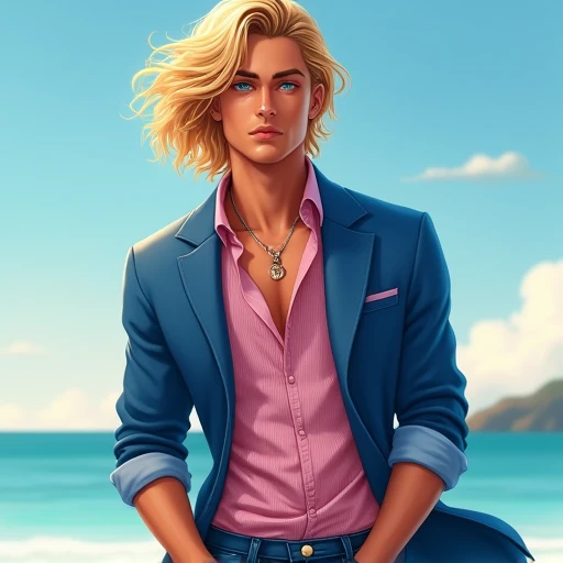 Blond hair that flows to the right, cerulean eyes, and tan skin that radiates like the sun. He wears a pink-striped blue shirt with a blue coat with his sleeves rolled up, blue jeans, and black sneakers. Extremely handsome. Gorgeous. Model-like handsome. C...