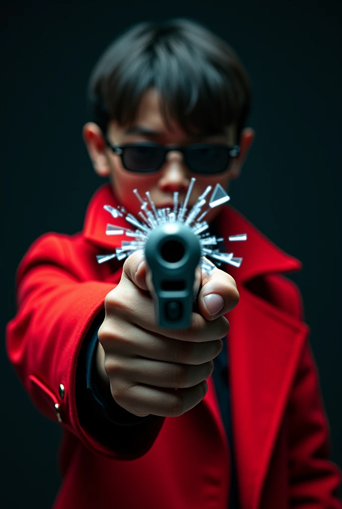 Korean youth holding a gun, the muzzle of the gun pointed directly at the front of the screen. The glass around the muzzle of the toy gun shattered, showing the moment of the shooting. The girl is wearing a red coat and sunglasses against a dark background...