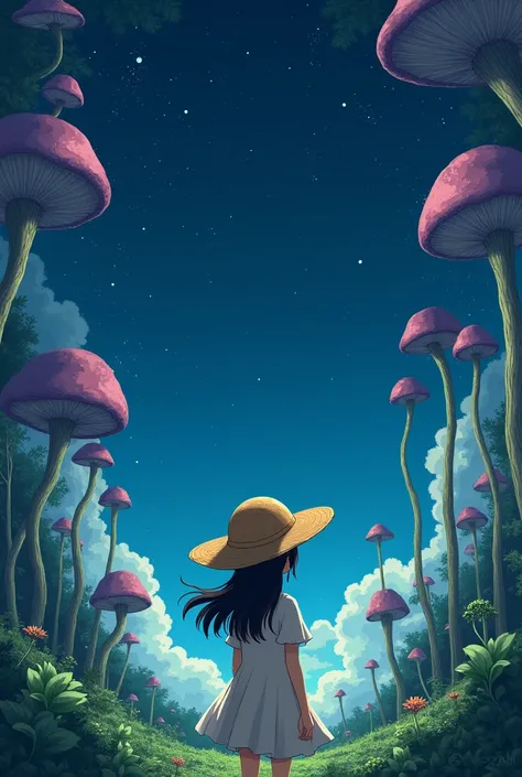 back view of a girl in a straw hat　in a forest of ancient plants　starry skies　the wind is blowing　ghibli animation style