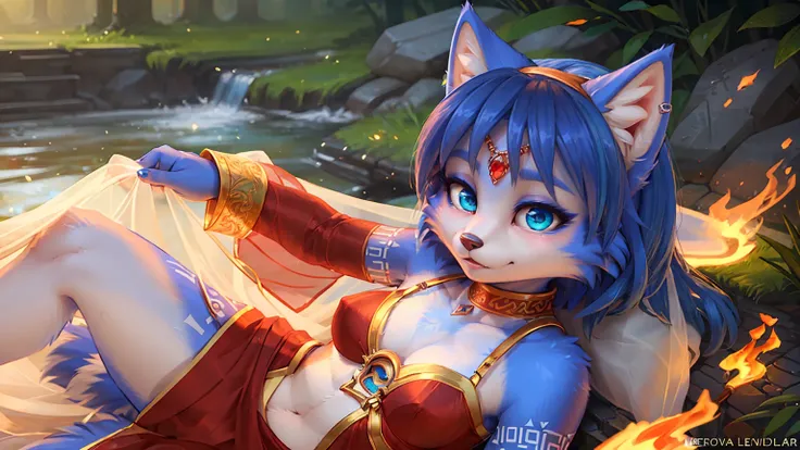 a picture of ((krystal)), Star Fox krystal, lovable, green eyes, medium breasts, (((Long blue hair 1.3))), Decollete, anthro, furry, Uploaded E621, detailed fluffys fell, (von Fluff-Kevlar, Bayard Wu, Pino Daeni), detailed face, (fluffy), 1 girl, alone, sw...