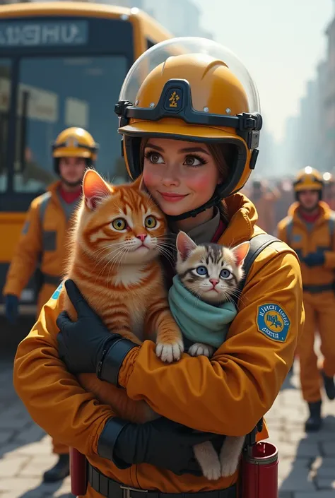 A rescue team member, wearing a uniform, is gently carrying the chubby orange cat, while another team member is carrying the kitten in their arms or in a small blanket. The cats are being taken towards an ambulance or a medical vehicle. The cat looks relie...