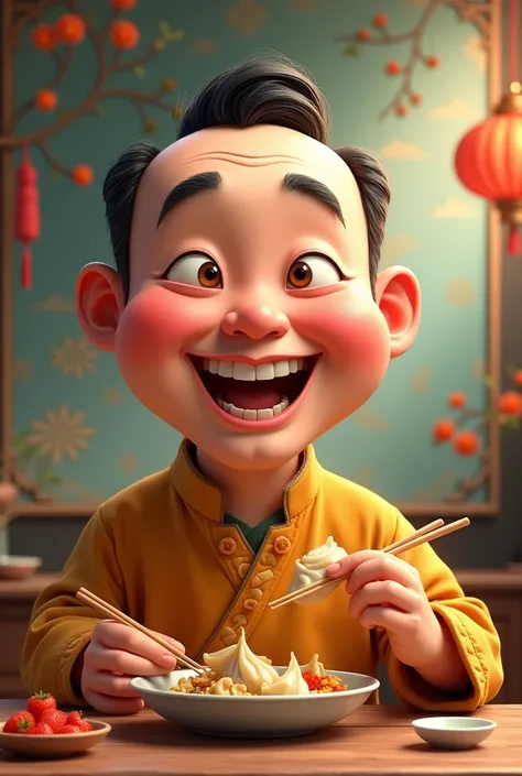 Cartoon Chinese guy eating dumplings