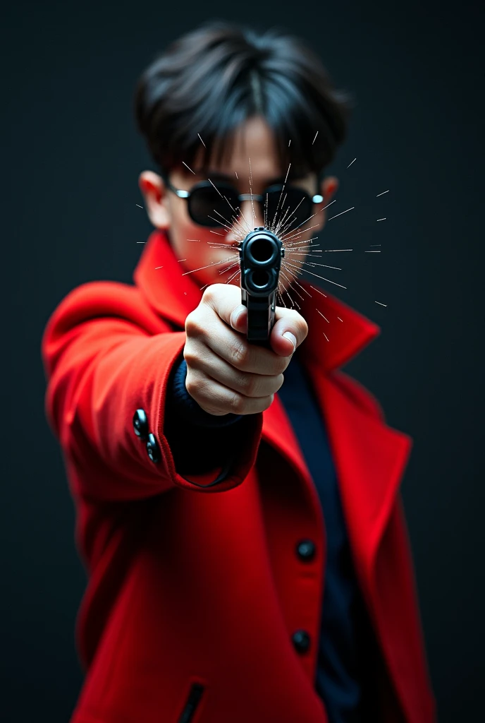 Korean youth holding a gun, the muzzle of the gun pointed directly at the front of the screen. The glass around the muzzle of the toy gun shattered, showing the moment of the shooting. The girl is wearing a red coat and sunglasses against a dark background...