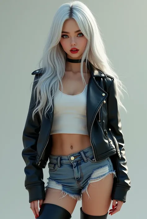 silver white long hair girl with eyebrows and blue eyes wearing and has red lips and shes wearing black leather jacket with white shirt with and wearing a denim ripped shorts and then wearing a black high knee boots