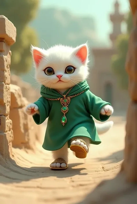 A petite white kitten with a mischievous smile trots down the ramp, dressed in an emerald green Arabic thobe, which billows slightly as she walks. Her tiny paws are adorned with miniature golden sandals, and she’s sporting a dazzling emerald pendant that s...