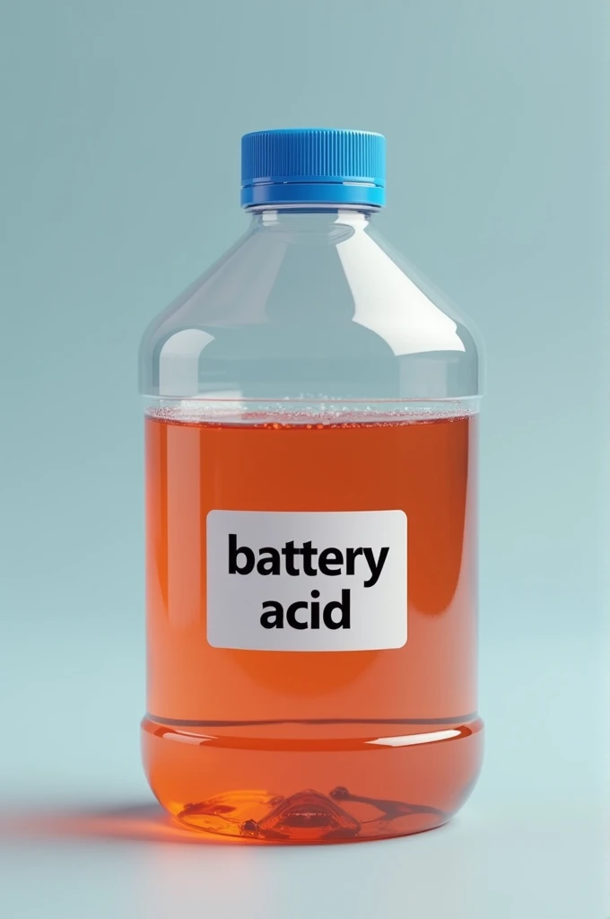 a 750ml plastic clear container with a sticker written "Battery Acid" with a blue cap