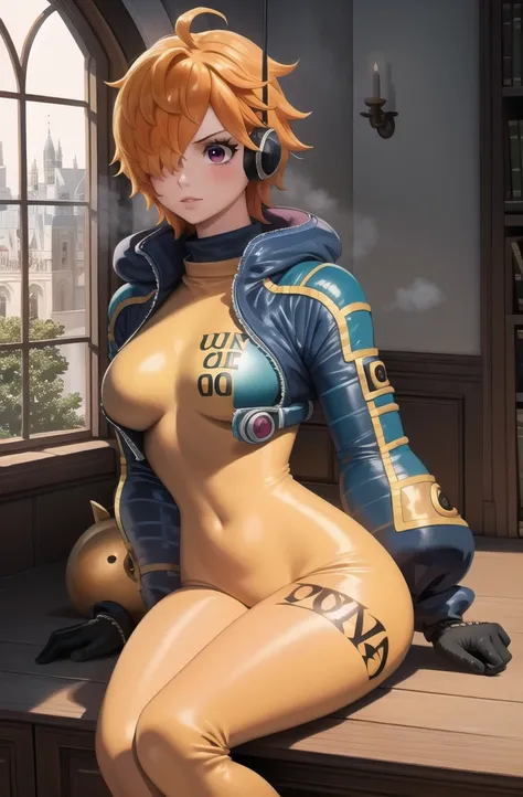 masterpiece, ((ultra detailed background, delicate pattern, intricate detail)), (highly detailed, fine details), best quality, beautiful lighting, ((medium breasts, slim girl)), 1girl, Lilith, (bangs covering one eye), ((light orange hair)), headphones, pu...