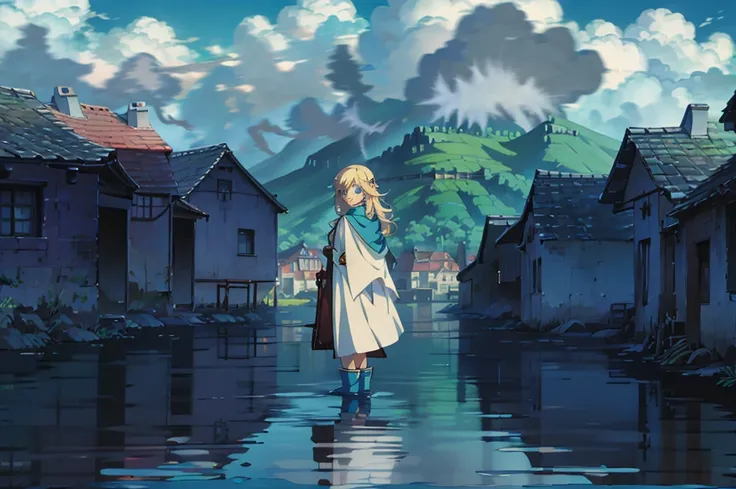 filo, (WithoutFear:1), 1 girl, blonde hair, blue eyes, white coat, light blue jeans, smile, nimble, light blue trident, blue cape, light blue mask, beach, wings, anime, standing, good quality, portrait, looking at viewer