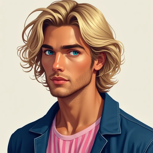 Blond hair that flows to the right, cerulean eyes, and tan skin that radiates like the sun. He wears a pink-striped blue shirt with a blue coat with his sleeves rolled up, blue jeans, and black sneakers. Extremely handsome. Gorgeous. Model-like handsome. C...