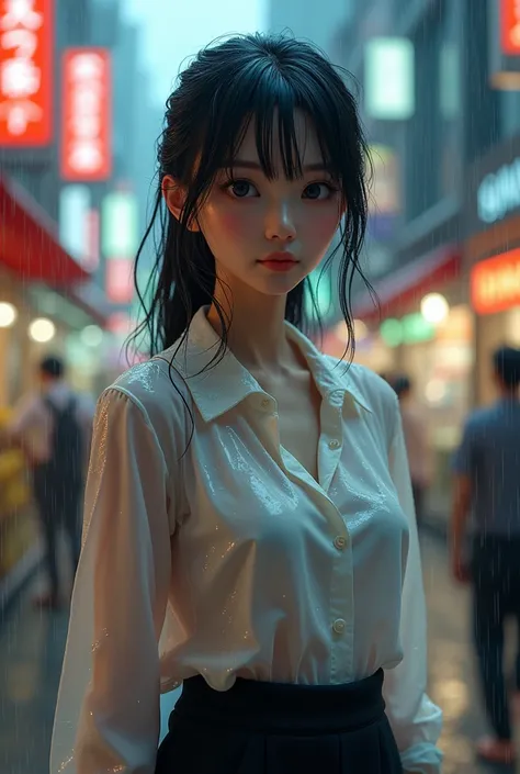 Office Lady、Suit skirt、Japanese、young woman、cute、Beauty、1、heavy rain、Shopping Street、(My shirt is wet and transparent from the rain)、Wet shirt、(((A slightly see-through shirt)))、Soaking wet、Wet hair、(best quality,4K,8k,highres,masterpiece:1.2),ultra-detail...